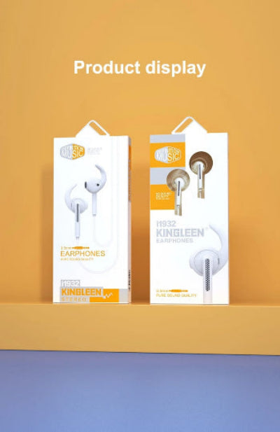 Two boxes of Kingleen earphones on a yellow shelf with 'Product display' text above.