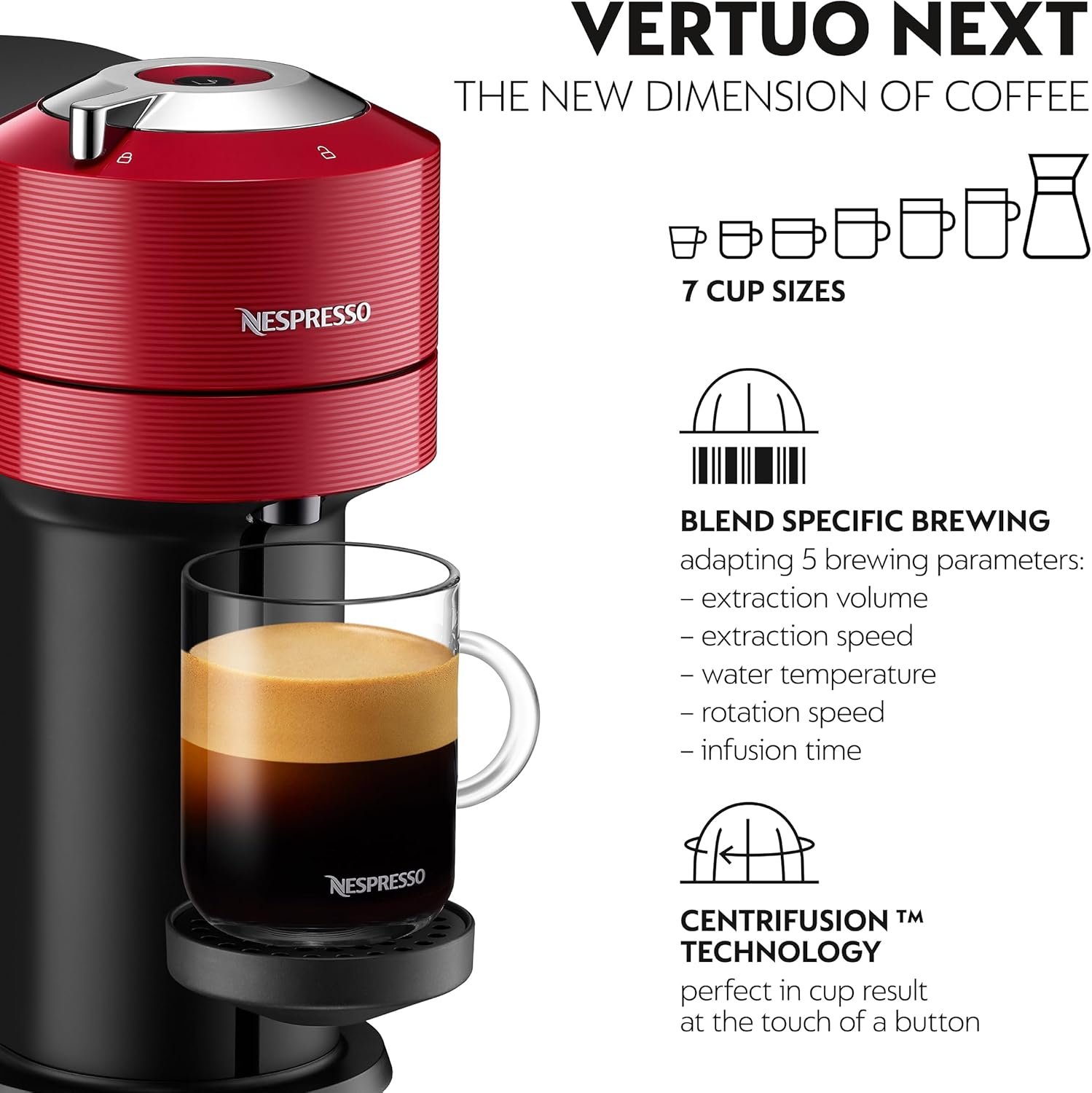 Red Nespresso Vertuo Next coffee machine with a glass of layered coffee, featuring text about its features.