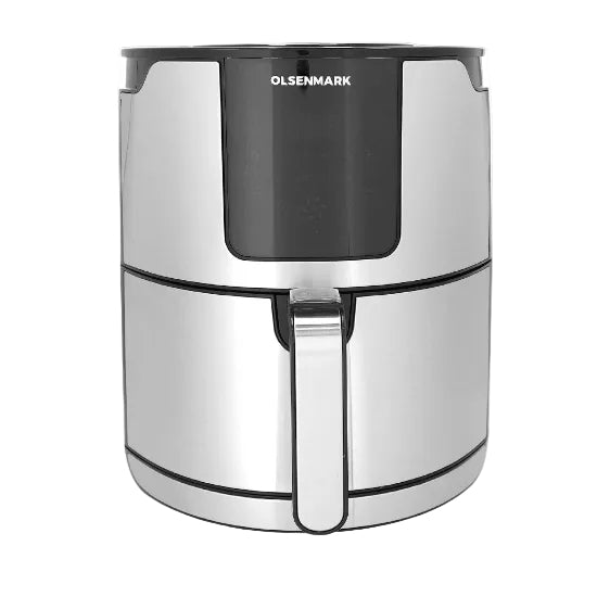 Silver air fryer with black lid on a white background, featuring the Olsenmark brand.