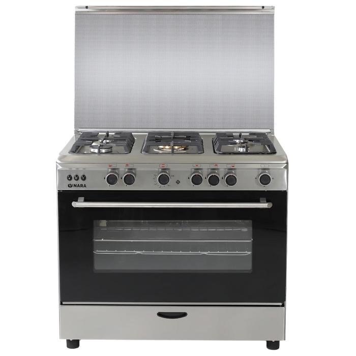 Nara Gas Cooker, 90Cm, 5Burners, Cast iron with 2 Fans, Stainless Steel