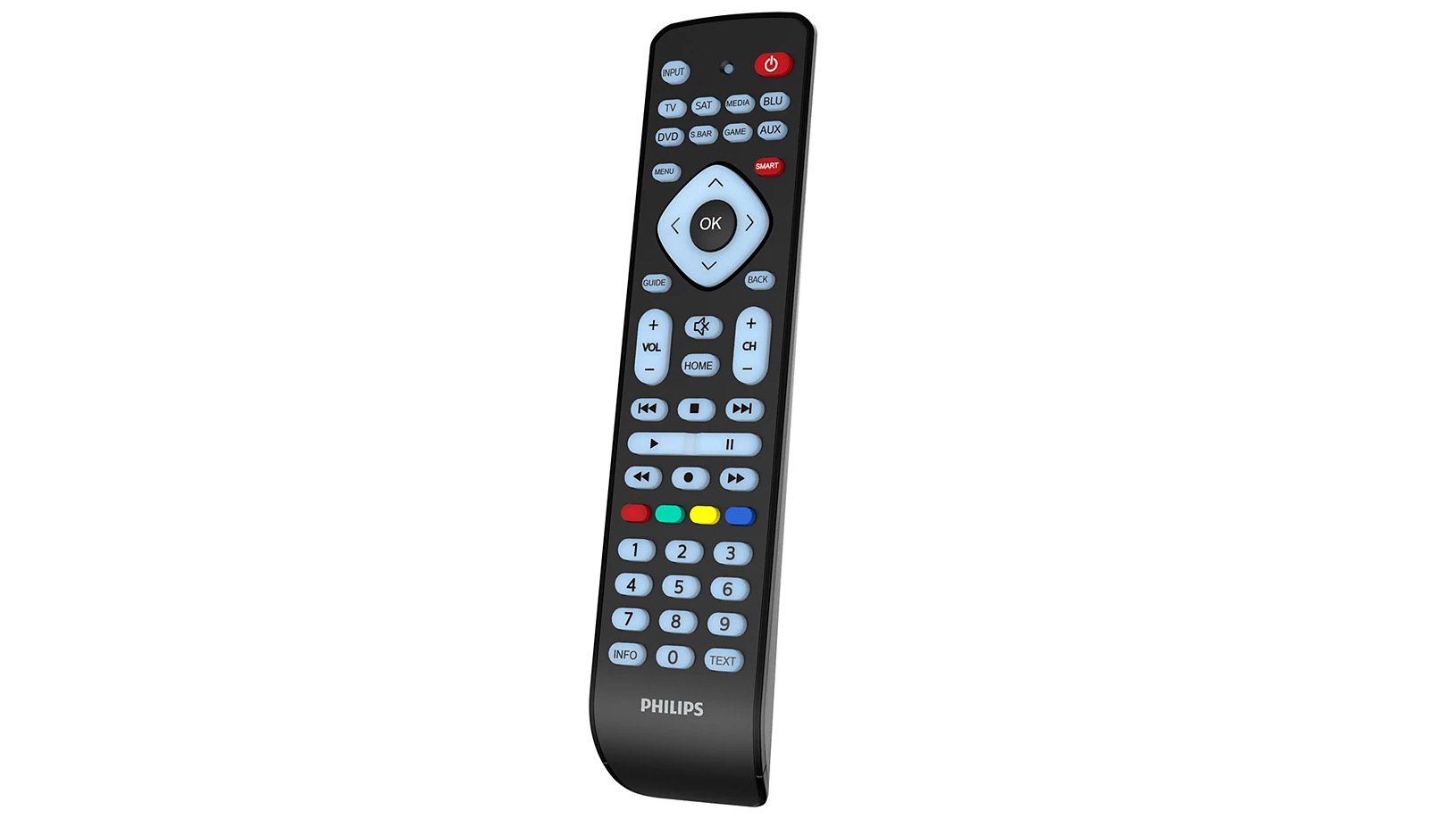 Black Philips remote control on a white background