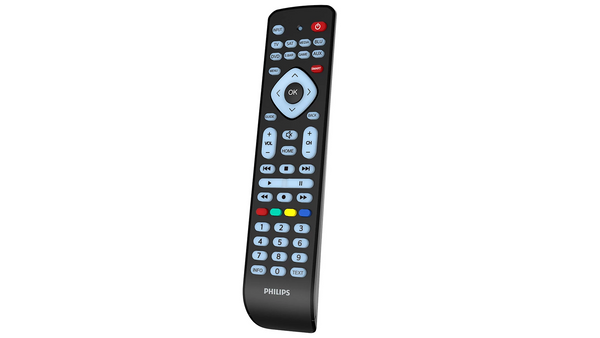 Black Philips remote control on a white background