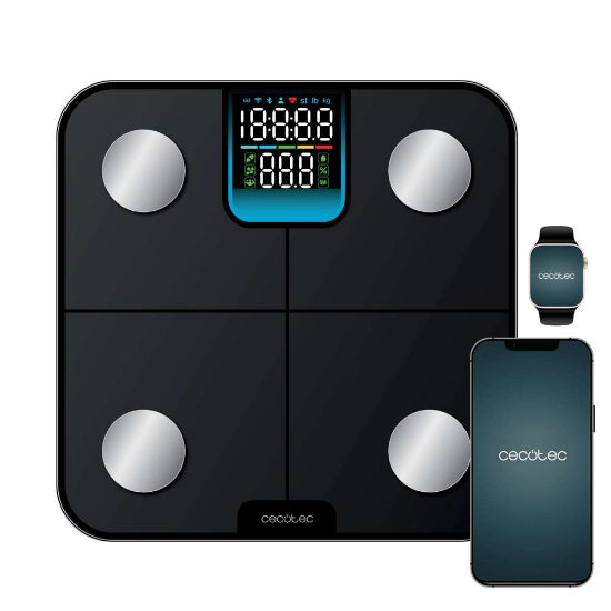 Black digital body fat scale with smartphone and watch displaying 'cecotec' brand on a white background