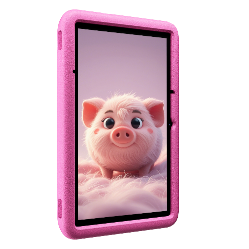 Pink tablet case with a cartoon pig design on a white background