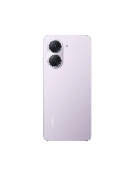 A light lavender-purple Redmi smartphone shown from the back, featuring a dual-camera system and a vertical Redmi logo, set against a plain white background.
