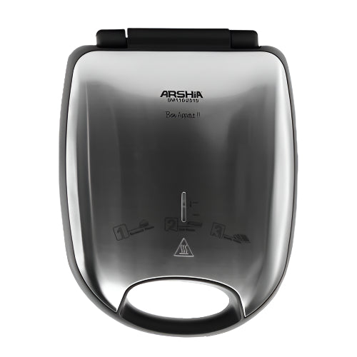 Silver sandwich maker with 'Arshia' branding on a white background
