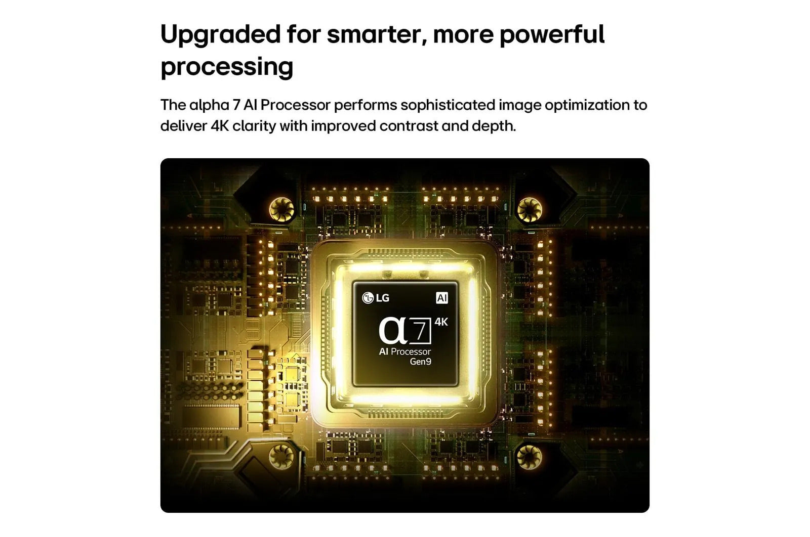 LG alpha 7 AI Processor with text about improved processing capabilities on a white background