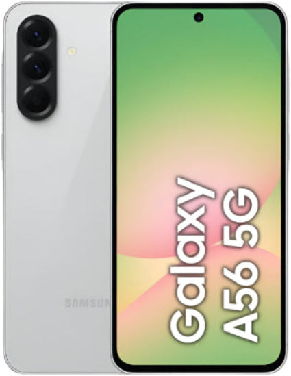 Samsung Galaxy A56 5G smartphone with a gradient screen and silver back