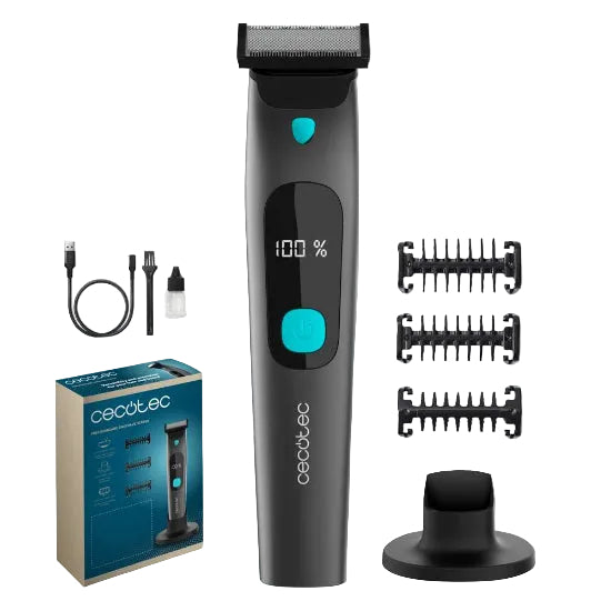 A cordless electric trimmer shown with its retail box, charging cable, cleaning bottle, three guide combs, and a neck attachment on a plain white background. The trimmer is dark gray with bright turquoise accents and the brand name 'cecotec' is visible on both the device and the box.