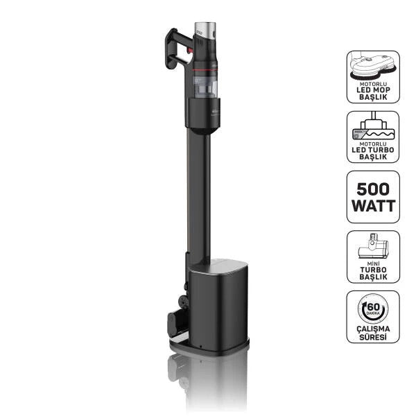 Black handheld vacuum cleaner with features highlighted on a white background