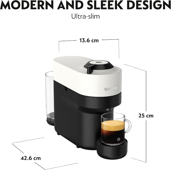 Breville coffee machine with dimensions and a glass of coffee on a white background