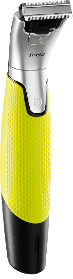 Green and silver Trisa trimmer on a white background