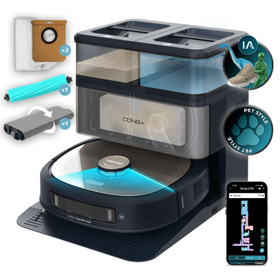 A Conba robotic vacuum cleaner with its charging dock and transparent storage bins, shown on a white background with floating accessory callouts and a smartphone app screen. The main product is the vacuum and dock set; accessories include a wall hook, tubes, pads, and a pet-style storage bin.