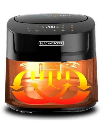 Black+Decker air fryer with digital display on a white background