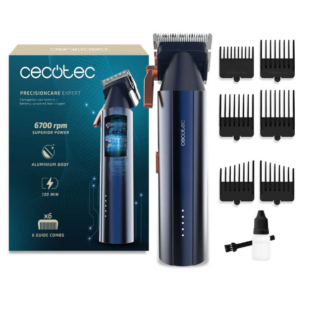 Cecotec hair trimmer set with packaging and accessories on a white background