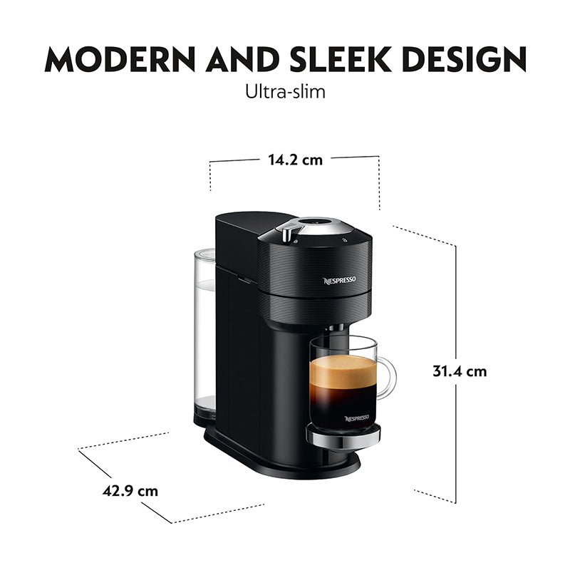Nespresso coffee machine with dimensions labeled on a white background