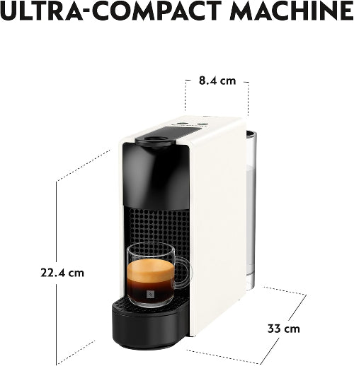 Nespresso machine with dimensions labeled on a white background