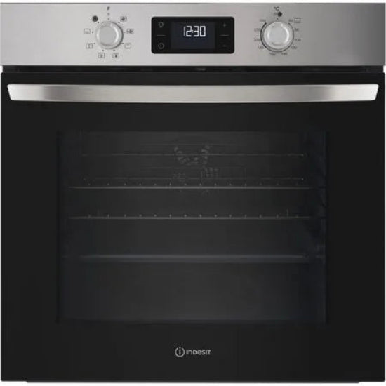 Black oven with digital display and control panel on a white background