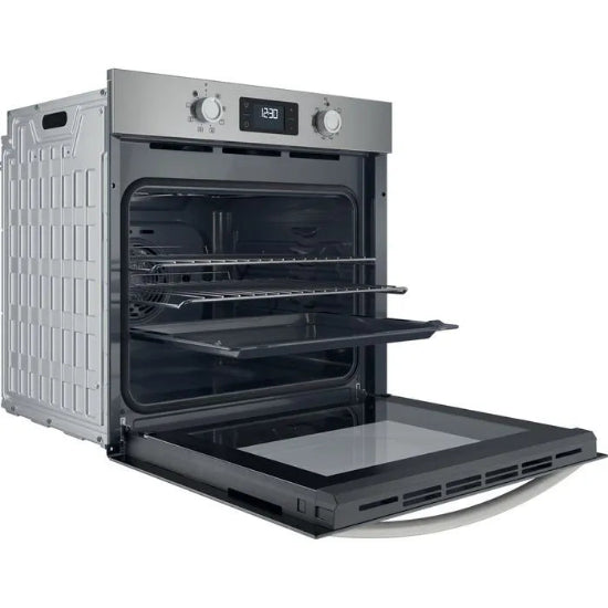 Silver oven with open door on a white background