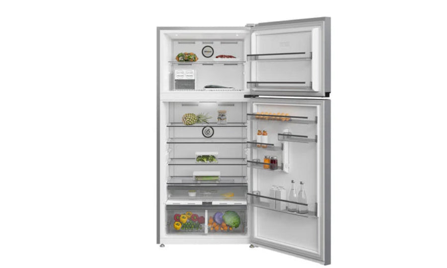 Stainless steel refrigerator with open doors displaying various food items on a white background