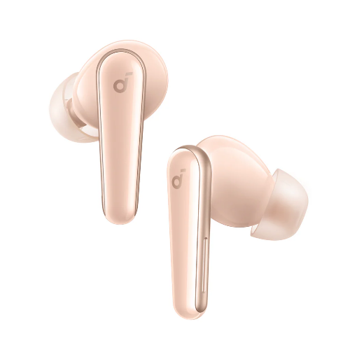 Rose gold wireless earbuds on a white background
