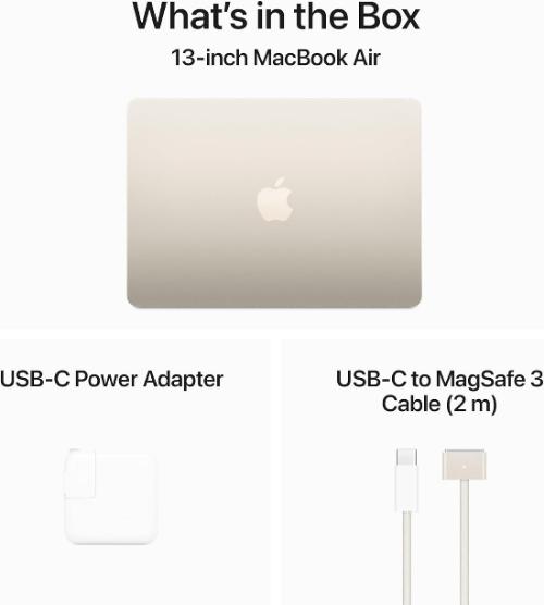 جهاز Apple MacBook Air M3 مقاس 13 بوصة، معالج 8 أنوية ووحدة معالجة رسومية 8 أنوية، ذاكرة 16 جيجابايت، سعة تخزين SSD 256 جيجابايت، باللون ستارلايت