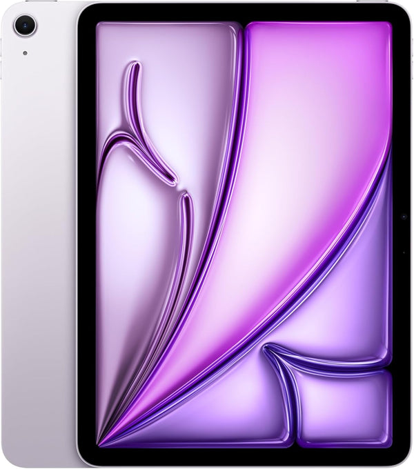 The image shows a purple Apple iPad Air with a 11-inch screen, featuring the front screen display and the back camera and Apple logo.