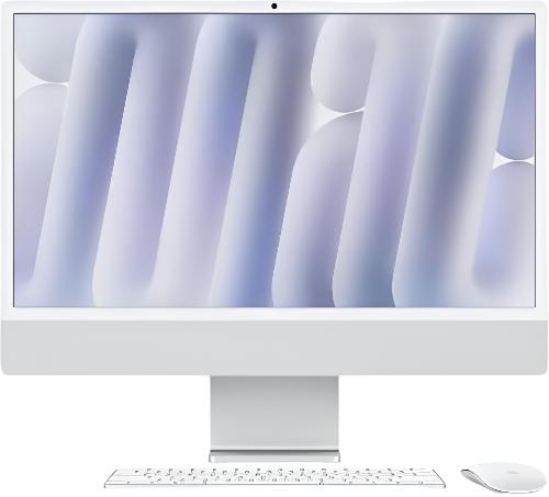 جهاز Apple iMac M4 بشاشة Retina 4.5K مقاس 24 بوصة، معالج 8 أنوية ووحدة معالجة رسومية 8 أنوية، ذاكرة 16 جيجابايت، سعة تخزين SSD 256 جيجابايت، باللون الفضي