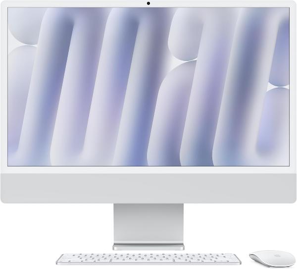 جهاز Apple iMac M4 بشاشة Retina 4.5K مقاس 24 بوصة، معالج 10 أنوية ووحدة معالجة رسومية 10 أنوية، ذاكرة 16 جيجابايت، سعة تخزين SSD 512 جيجابايت، باللون الفضي