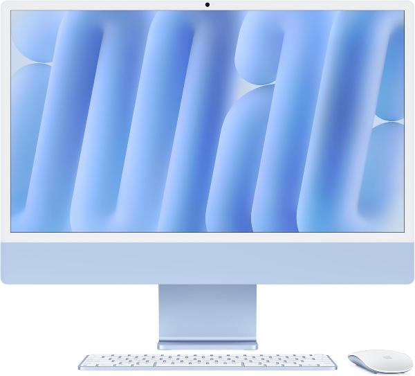 جهاز Apple iMac M4 بشاشة Retina 4.5K مقاس 24 بوصة، معالج 10 أنوية ووحدة معالجة رسومية 10 أنوية، ذاكرة 16 جيجابايت، سعة تخزين SSD 256 جيجابايت، باللون الأزرق