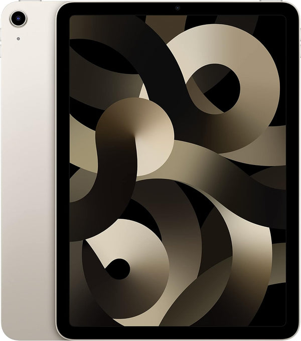 The image shows a Apple iPad Air in Starlight color with a stylized wallpaper on the screen, visible in landscape mode.