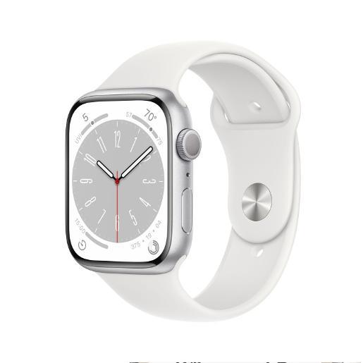 MP6N3AE/A/Apple Watch Series 8 GPS 45mm Silver Aluminium Case with White Sport Band - Regular White / 8 / 45MM