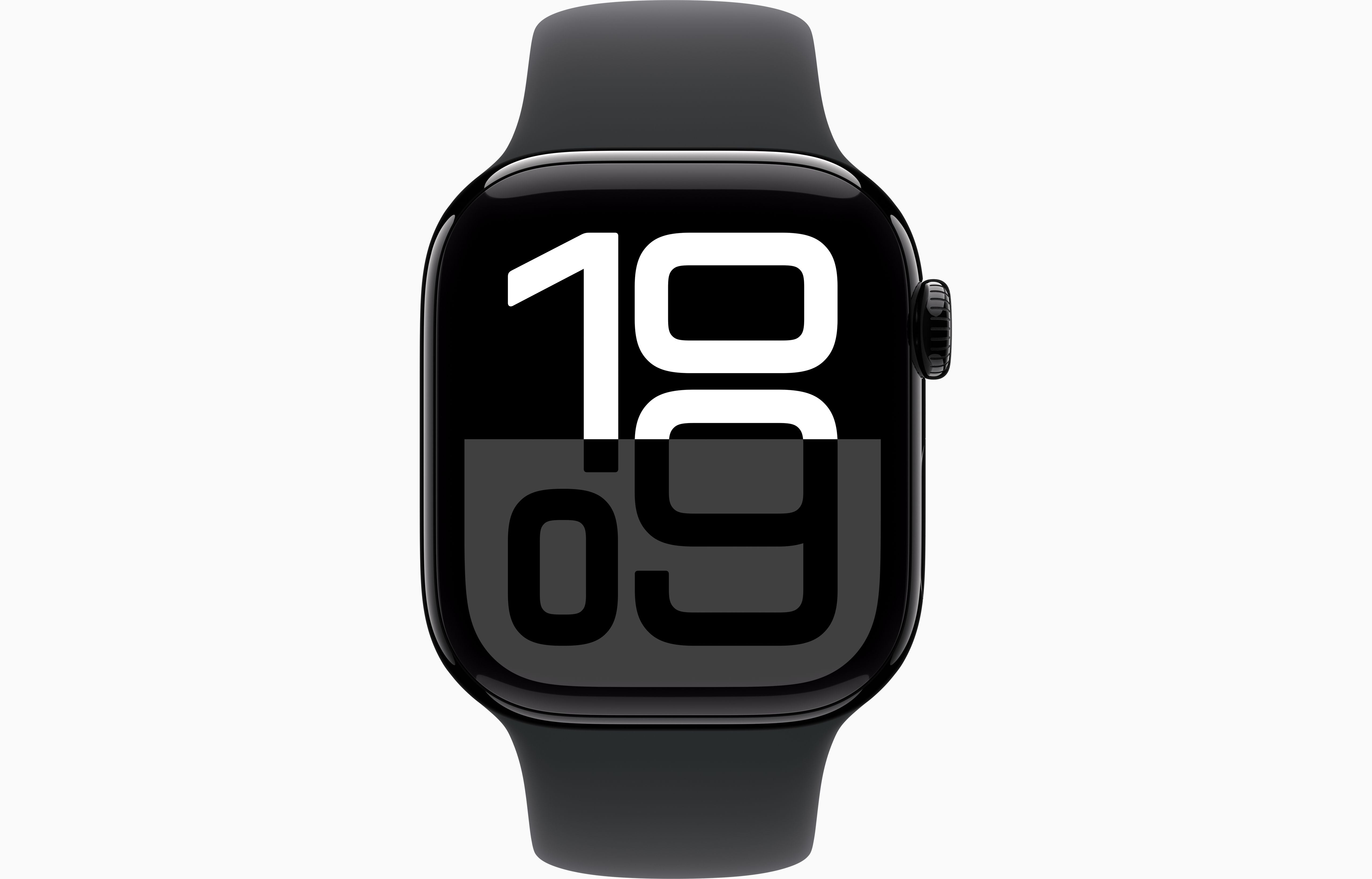 ساعة Apple Watch Series 10 GPS مقاس 42 مم، هيكل من الألومنيوم باللون الأسود النفاث مع حزام رياضي Ink