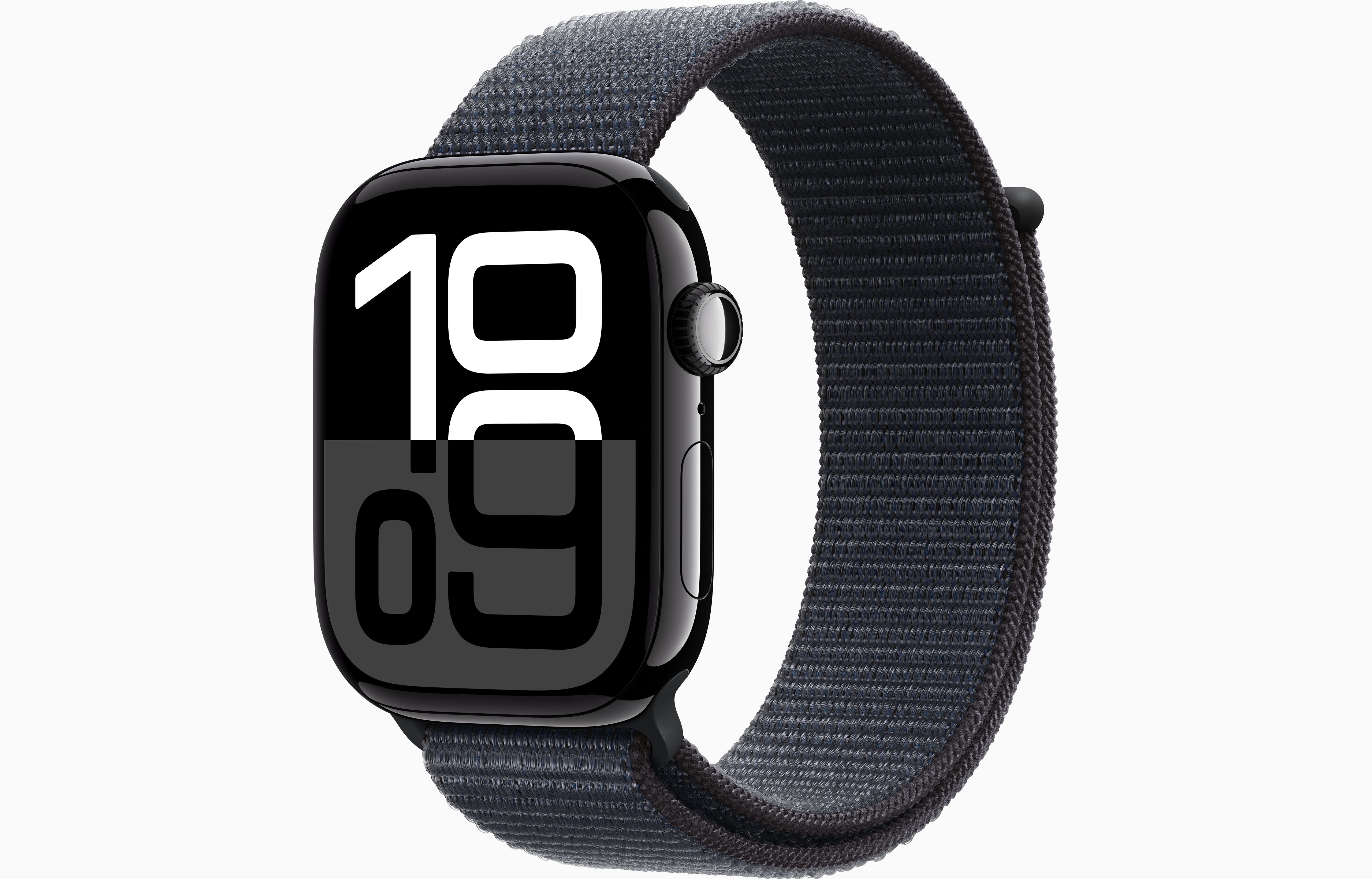 ساعة Apple Watch Series 10 GPS مقاس 46 مم، هيكل من الألومنيوم باللون الأسود، حزام رياضي Ink