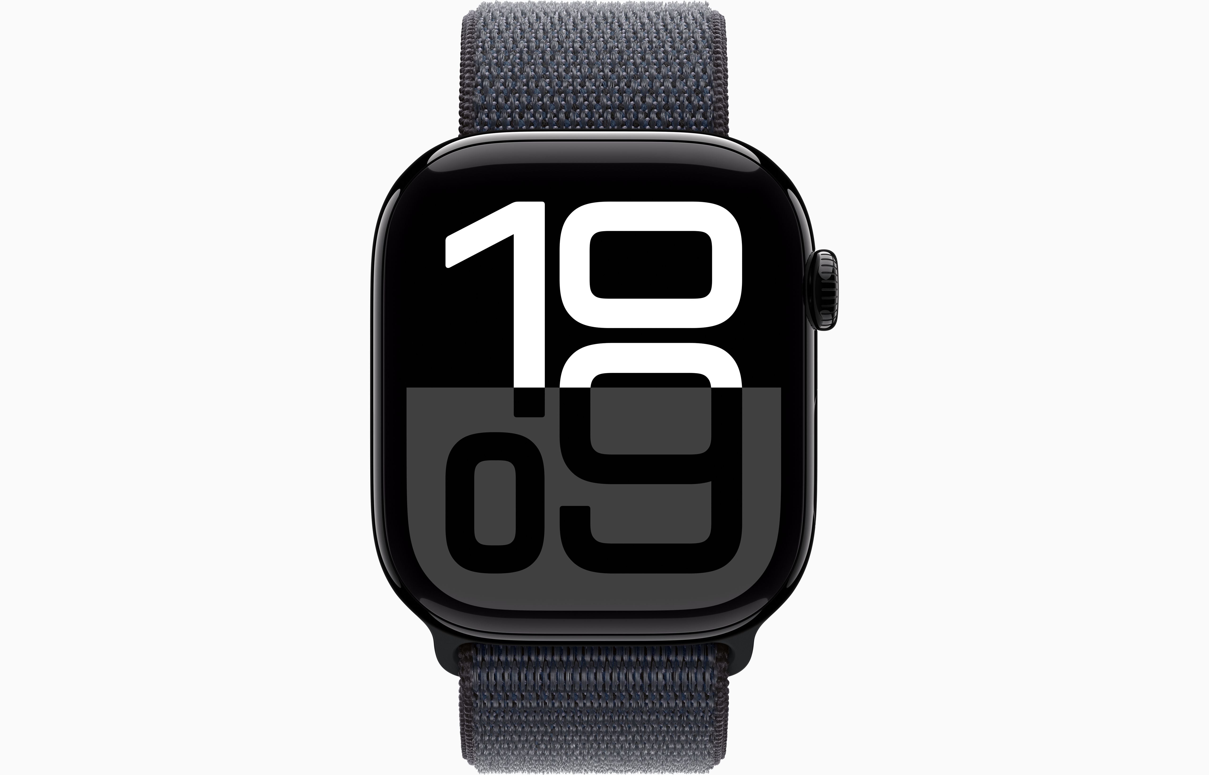 ساعة Apple Watch Series 10 GPS مقاس 46 مم، هيكل من الألومنيوم باللون الأسود، حزام رياضي Ink