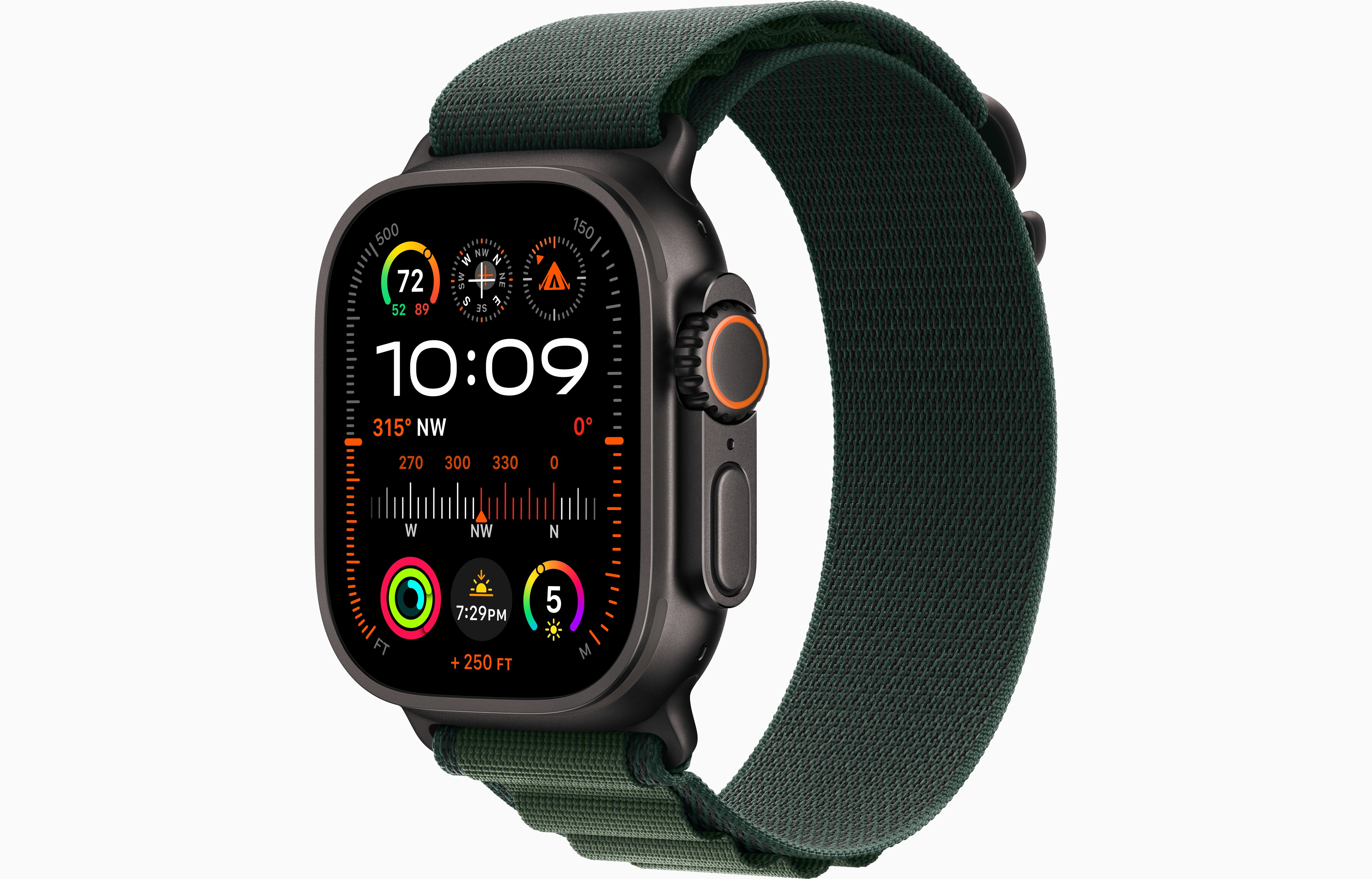 ساعة Apple Watch Ultra 2 GPS &amp; Cellular مقاس 49 مم، هيكل أسود من التيتانيوم، حلقة جبال الألب باللون الأخضر الداكن، مقاس صغير