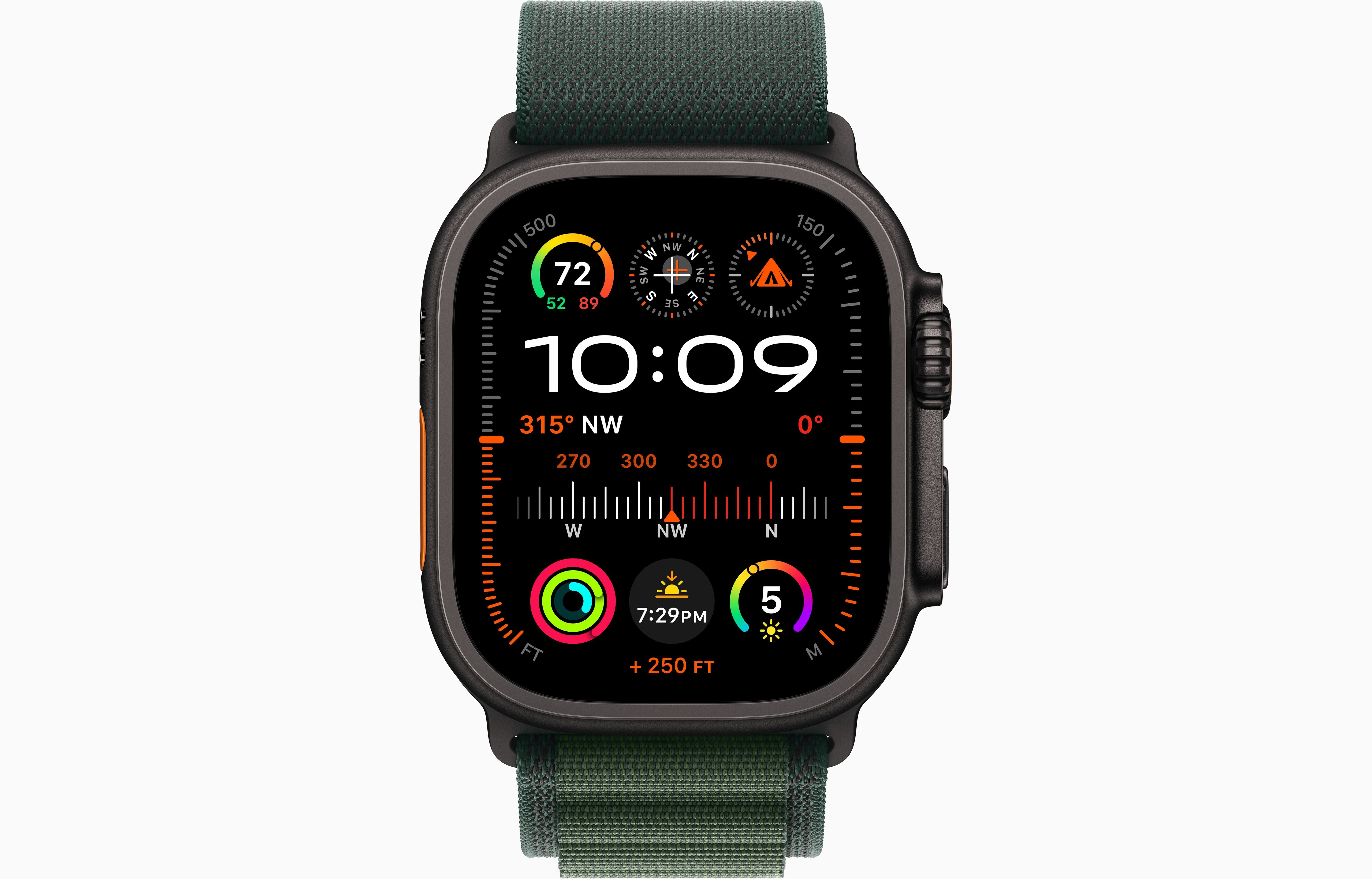 ساعة Apple Watch Ultra 2 GPS &amp; Cellular مقاس 49 مم، هيكل أسود من التيتانيوم، حلقة جبال الألب باللون الأخضر الداكن، مقاس صغير