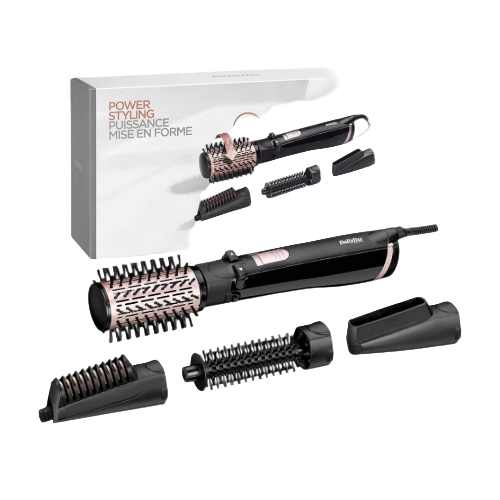 Rotating air brush hair styling tool with various attachments displayed alongside its packaging box.