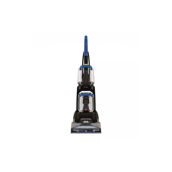 A Bissell upright vacuum cleaner in black color with a 600W motor, featuring a large dustbin and a power cord.