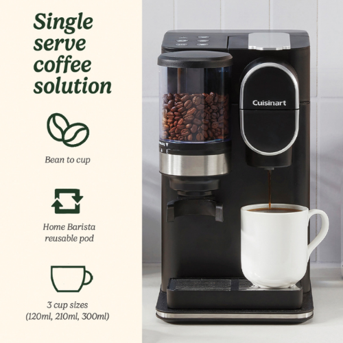 Cuisinart One Cup Grind Brew, Coffee Machine 3 Different Serving Size (225Ml/ 285Ml/ 340Ml), Black