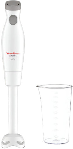 Hand blender with a clear beaker on a white background