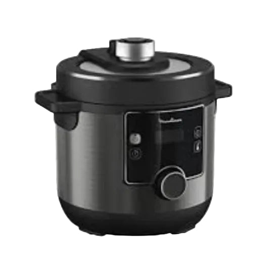 A black MOULINEX pressure cooker with a capacity of 7.5 liters and a digital control panel.