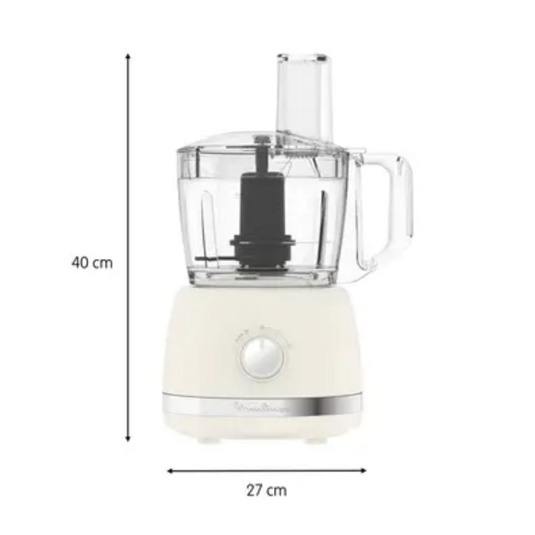 White food processor with dimensions indicated on a white background