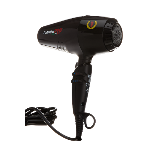 Black hair dryer with visible brand logo on a white background