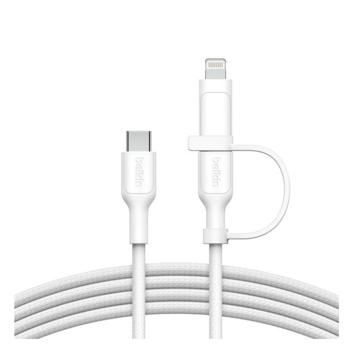 Belkin Boost Charge 2in1 USB-C to USB-C Braided Cable with Lightning adapter, 1.5Mm, White Belkin Boost Charge 2in1 USB-C to USB-C Braided Cable with Lightning adapter, 1.5Mm, White