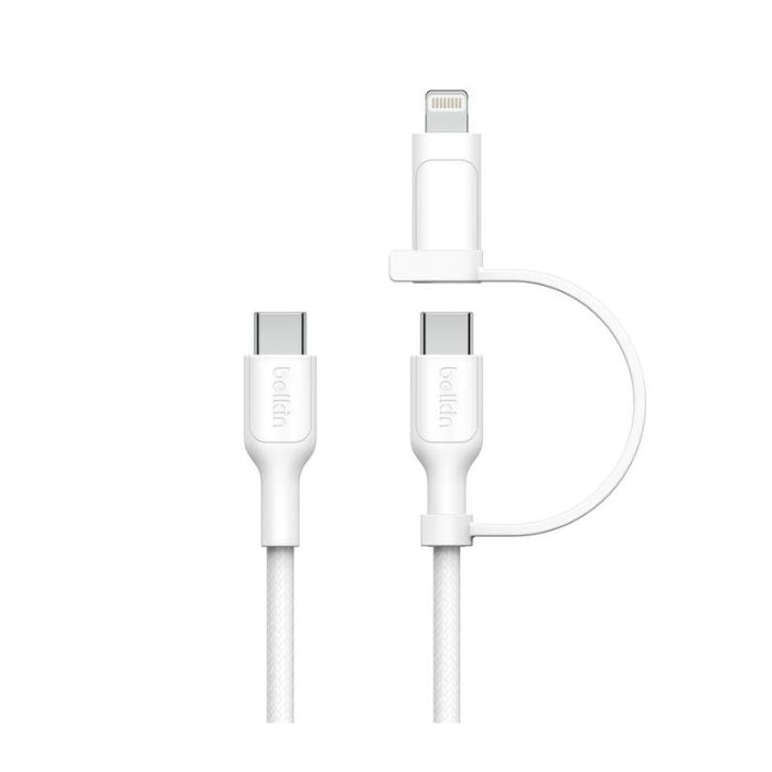 Belkin Boost Charge 2in1 USB-C to USB-C Braided Cable with Lightning adapter, 1.5Mm, White Belkin Boost Charge 2in1 USB-C to USB-C Braided Cable with Lightning adapter, 1.5Mm, White