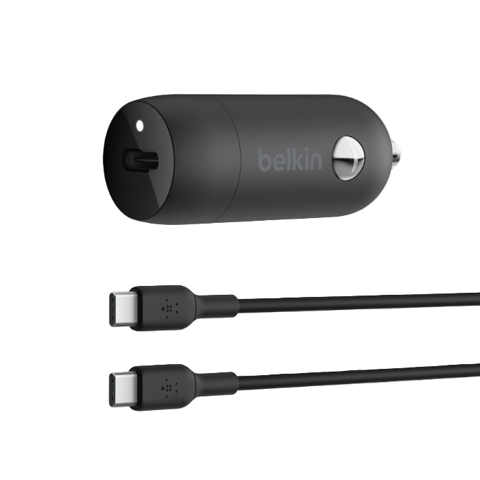 Black Belkin car charger with USB-C cable on a white background