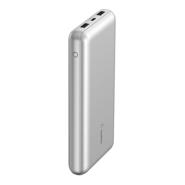 Silver power bank on a white background
