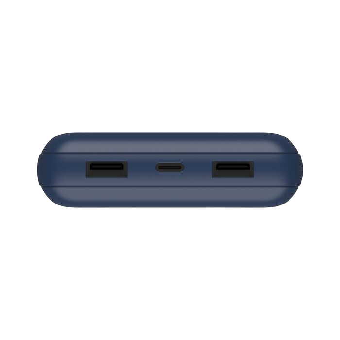 Blue electronic device with multiple ports on a white background
