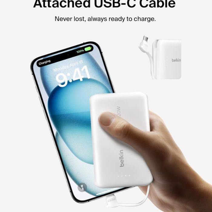 Belkin Boost Charge Power Bank 10000Mah, PD 20Watts with USB-C, Integrated Cable and USB-C Port, White Belkin Boost Charge Power Bank 10000Mah, PD 20Watts with USB-C, Integrated Cable and USB-C Port, White